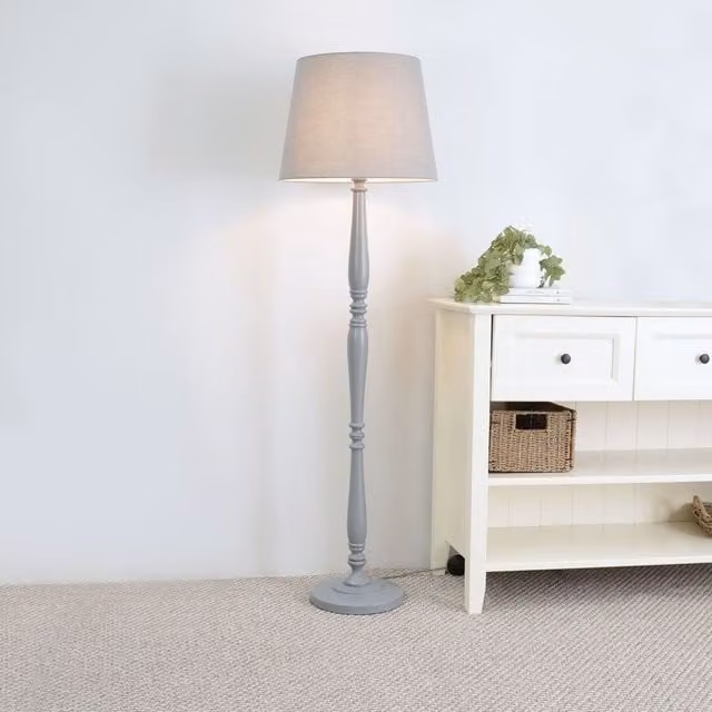ValueLights Victoria Grey Wood Traditional Stem Floor Lamp with Fabric Tapered Shade, H 156 cm x W 46 cm x D 46 cm