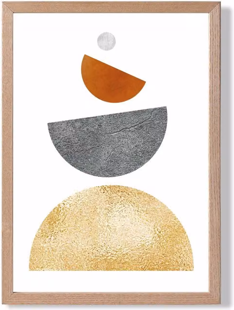 ARTZE Orange, Yellow and Grey Mid Century Geometric Abstract Framed Print with Oak Wood Frame, A2