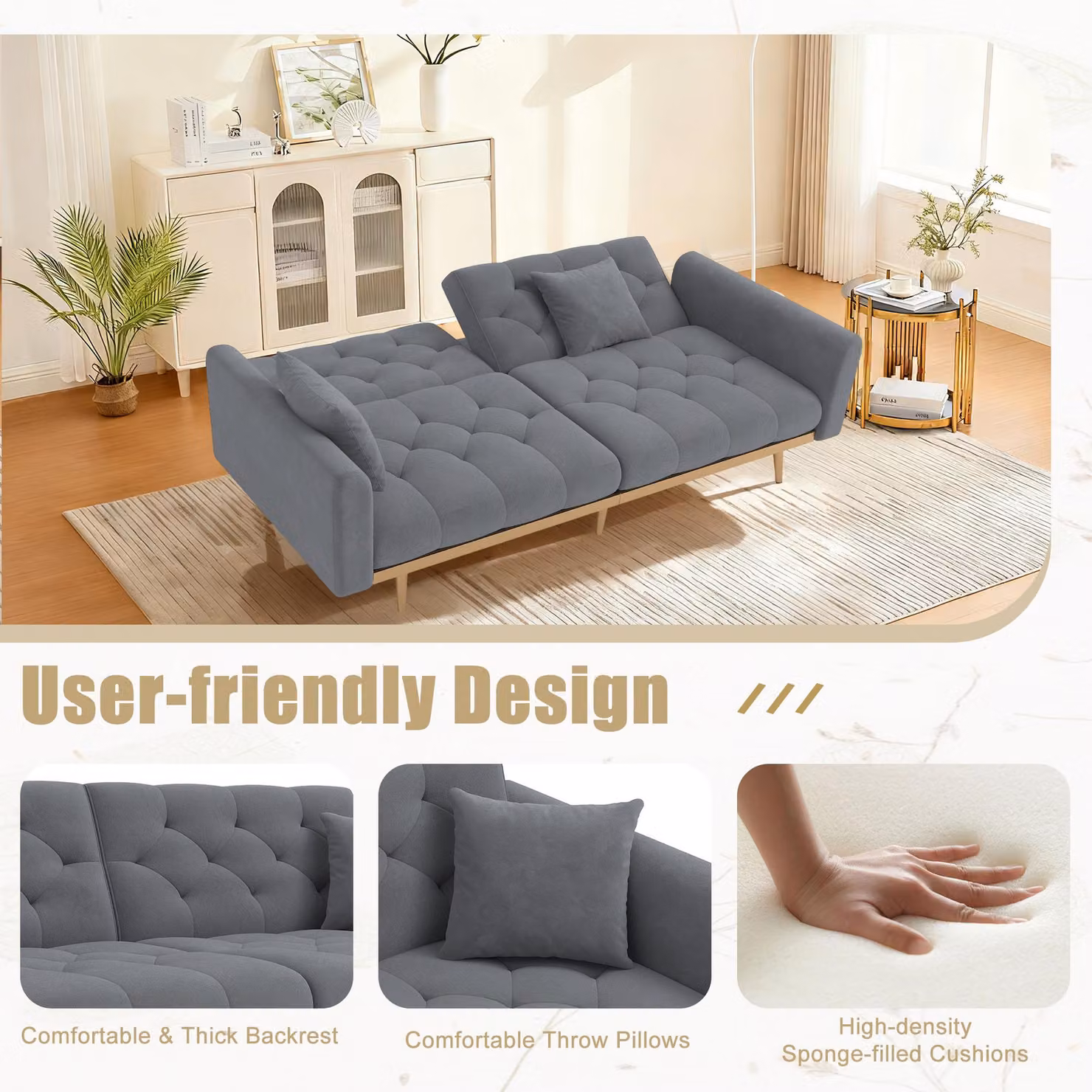 Aosom UK Modern 2-Seater Sofa Bed in Grey with 3-Position Adjustable Backrest and Thick Foam Cushions, W/D/H: 165 x 72.5 x 75 cm – 5