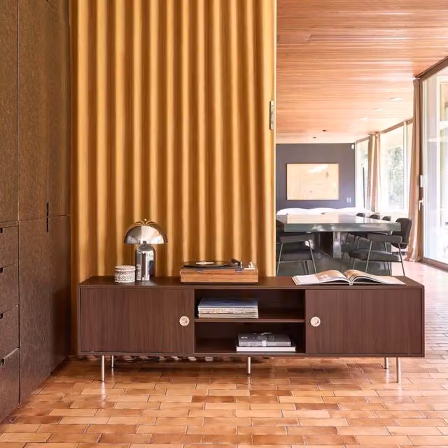 sweeek Vintage TV Stand with Wood Decor and Stainless Steel, 2 Doors, Dark Brown, Width: 180 cm