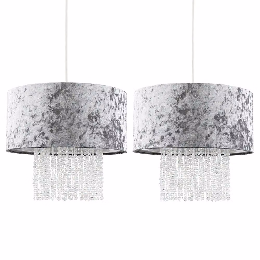 ValueLights Boland Pair of Silver and Grey Crystal and Fabric Ceiling Pendant Droplet Shades – 2