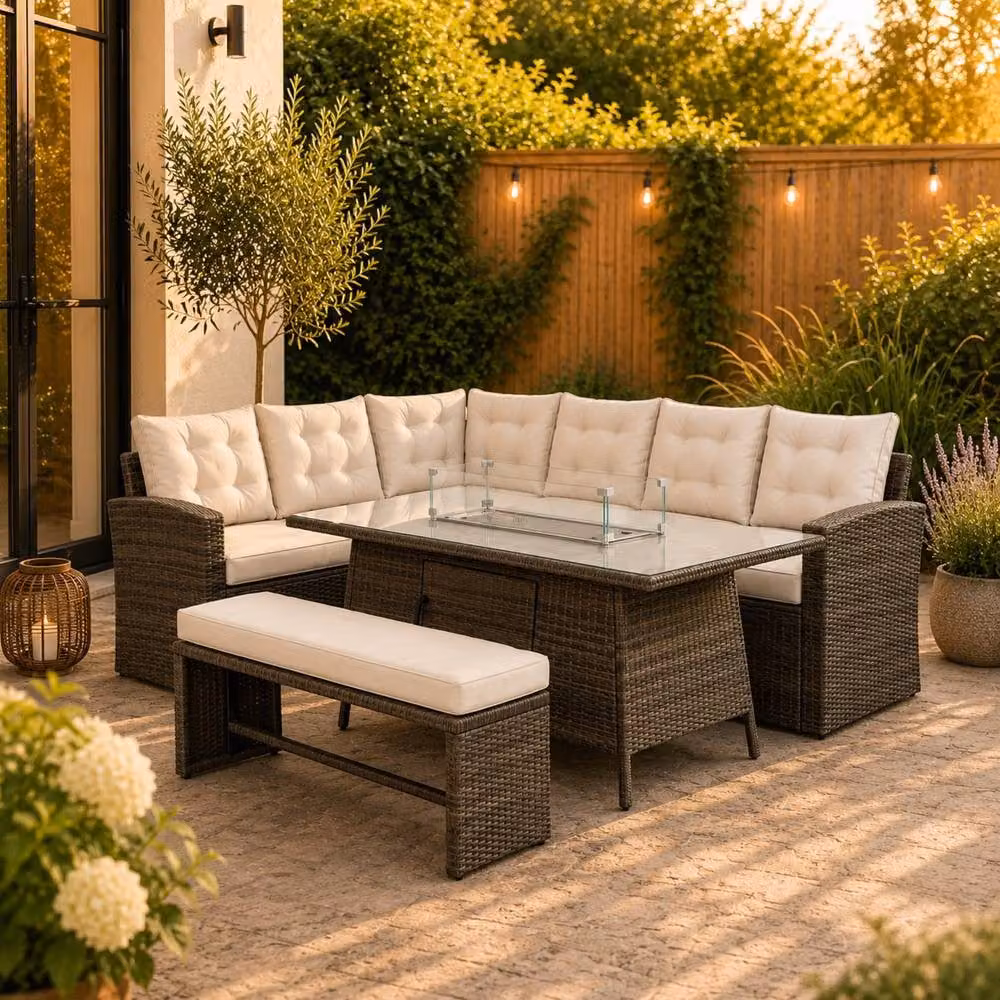 Artemis Home Piana 9 Seat Rattan Corner Sofa Set with Firepit Table and Bench in Brown – 2