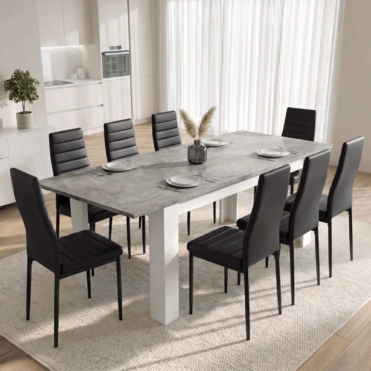 DHS Milo Extendable Rectangular Dining Table and 8 Chairs Set in Black Concrete Effect