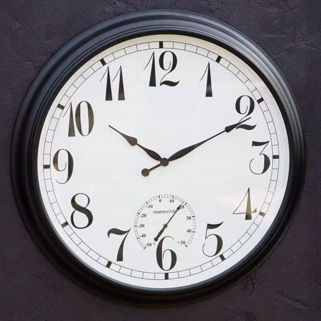 Primrose Black Radio Controlled Round Hanging Wall Clock and Garden Thermometer