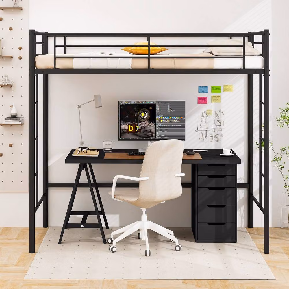 Gymax Metal Loft Bed Frame with Safety Guardrail in Black – 7