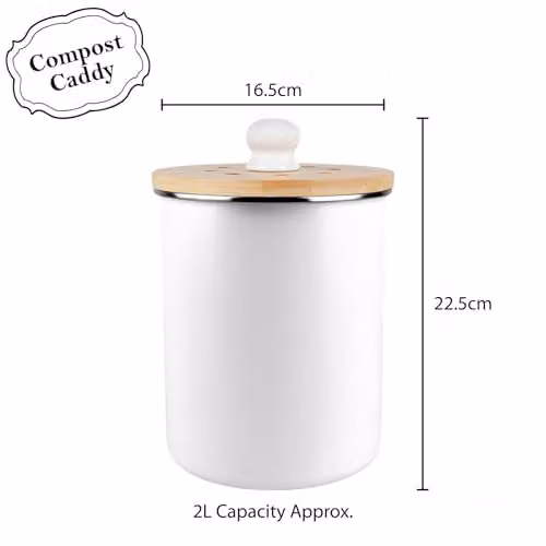 Purely Home Plant Terrarium Food Waste Caddy, Metal Decorative Kitchen Compost Bin with Removable Inner Bucket and Odour Filter, Green and White, 2L – 3