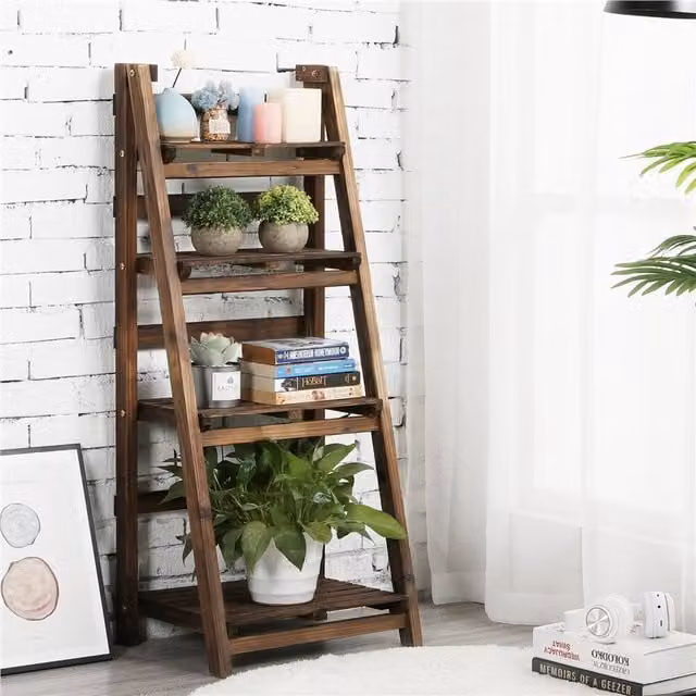 Livingandhome Wooden Folding Ladder Plant Stand Storage Shelf in Brown, Height: 113 cm