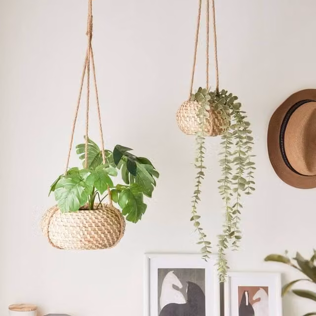 Wyld and Coco Set of 2 Handwoven Seagrass Hanging Planters in Natural Brown, Boho Style
