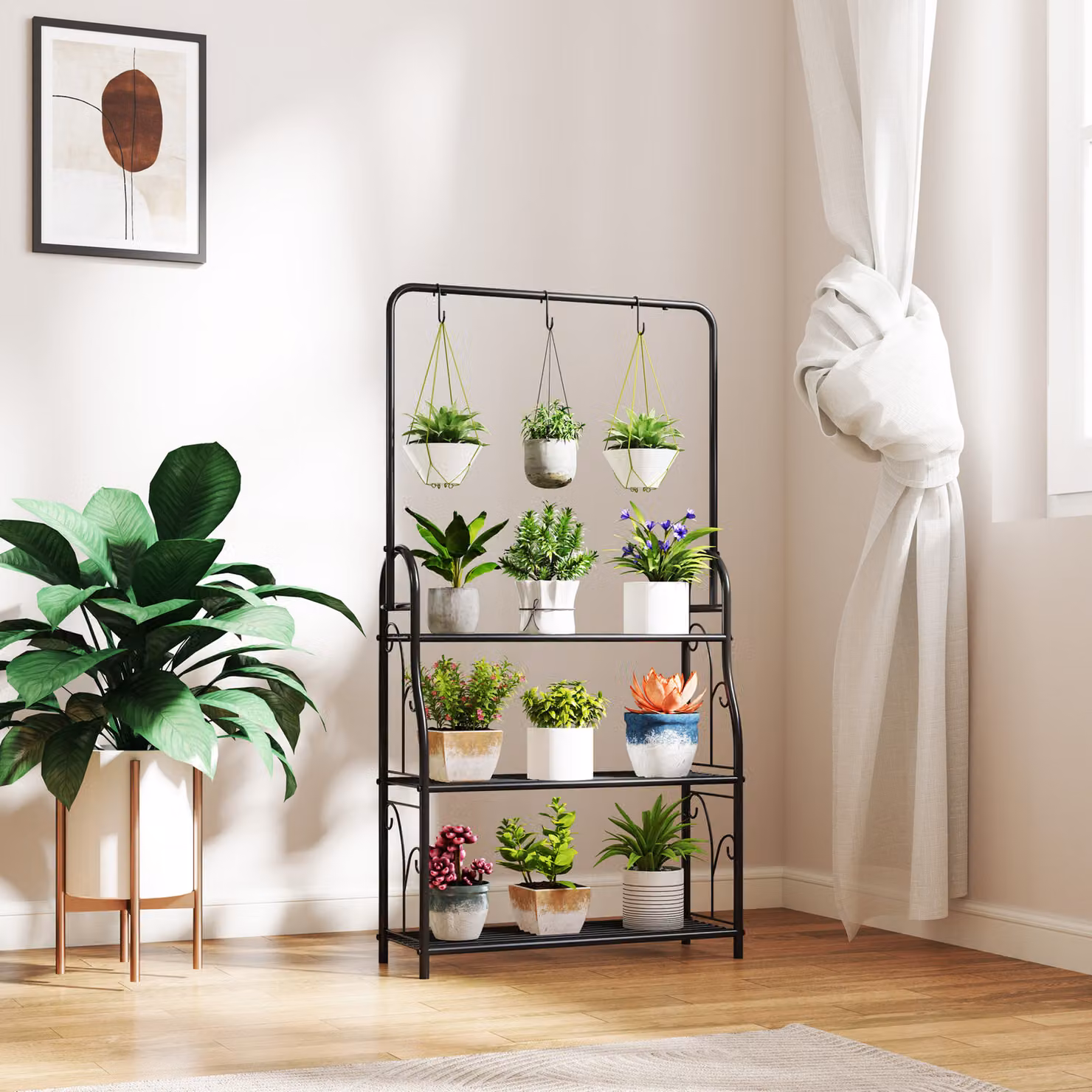 Outsunny 3 Tier Metal Plant Stand with Hanging Rod and Hooks, Black Ladder Flower Pot Rack for Indoor and Outdoor Use, H 137 x W 75 x D 25 cm – 5