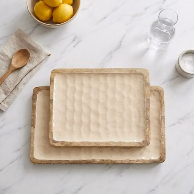 Garden Greatness Mango Wood Serving Plate Duo in Beige and Multicolour, Pack of 2