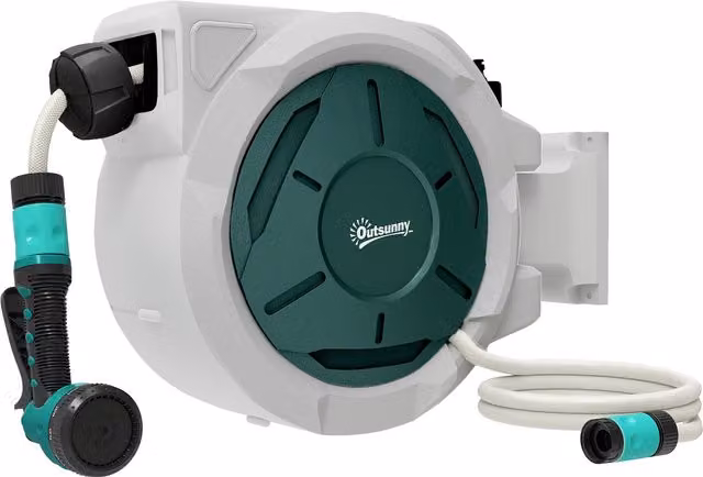 Outsunny Wall Mounted Retractable Garden Hose Reel with Auto Rewind and 7-in-1 Spray Nozzle, Grey