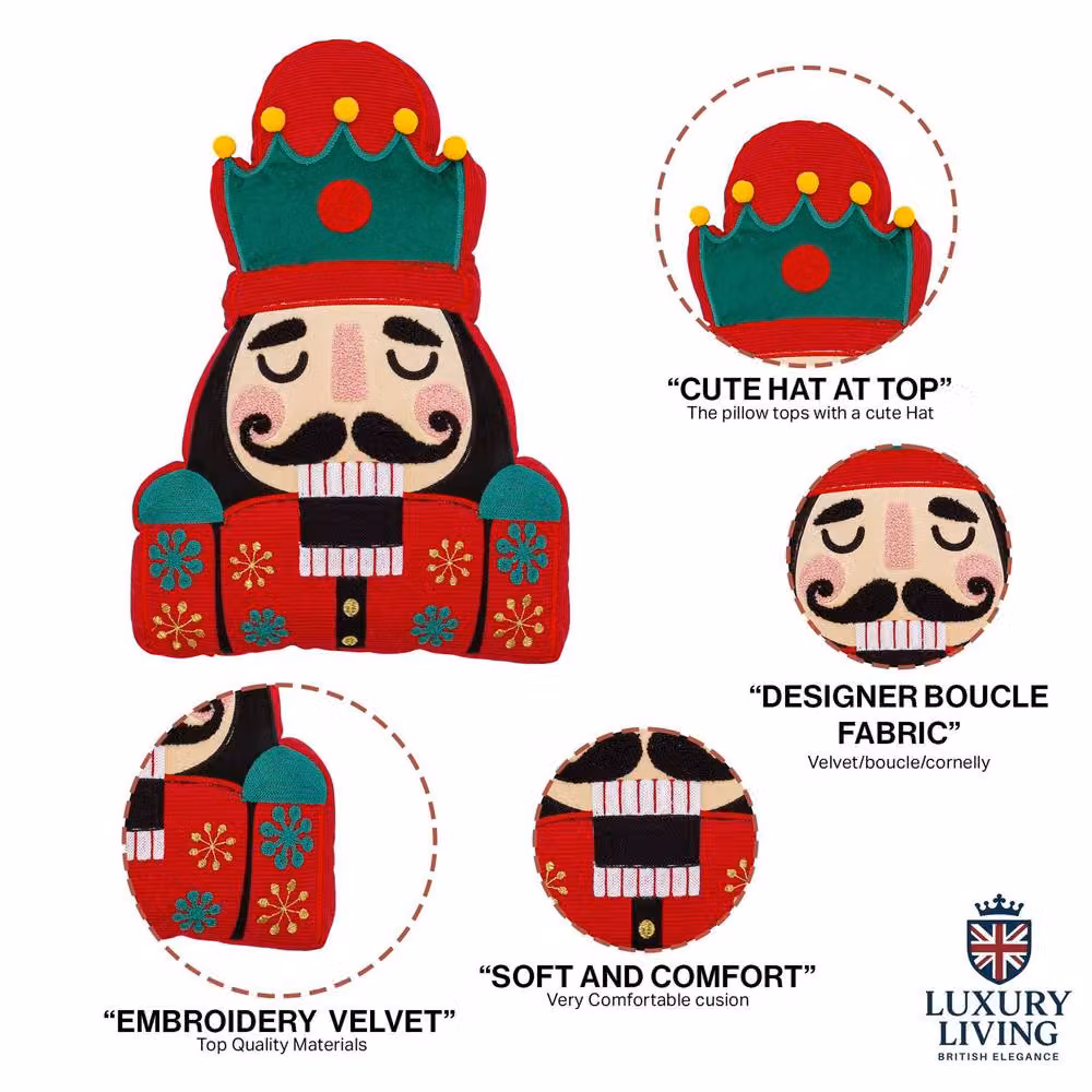 Luxury Living Nutcracker Festive Embroidered Christmas Cushion in Red, W: 50 cm, H: 35 cm – 2