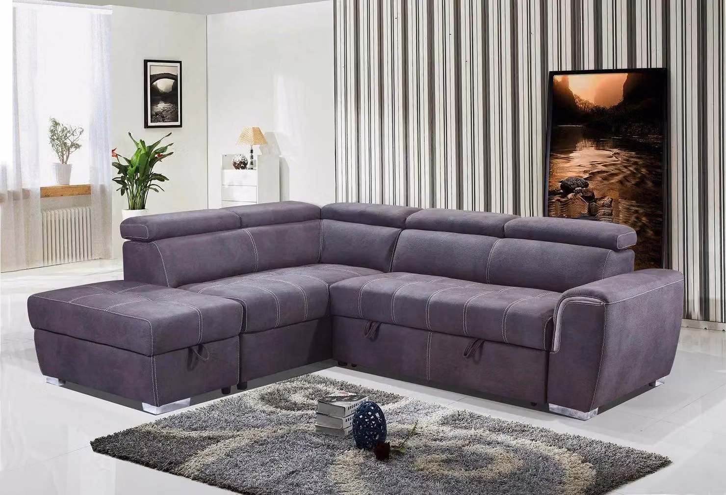 Furnishings For Less UK Nevada Large L Shaped Grey Suede Sofa with Storage Ottoman and Adjustable Tilting Headrest, Right Hand Facing – 2