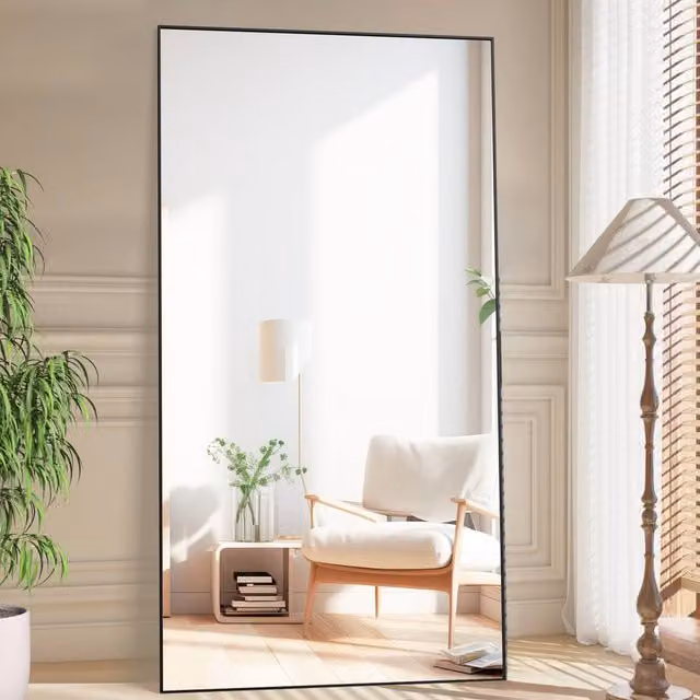 CASSILANDO Full Length Rectangular Wall Mirror with Metal Frame in Black, H 165 x W 60 x D 1.4 cm