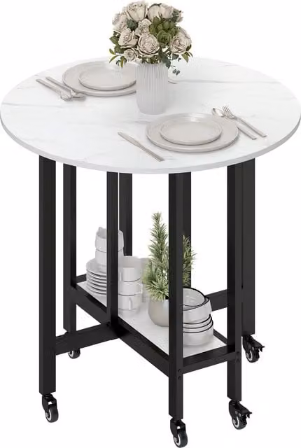 HOMCOM White Marble Drop Leaf Folding Dining Table with Open Shelf and Castors – 1