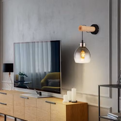 Globo Lighting Wall Lamp in Black and Wood with Grey Glass Shade, H 33 cm – 3