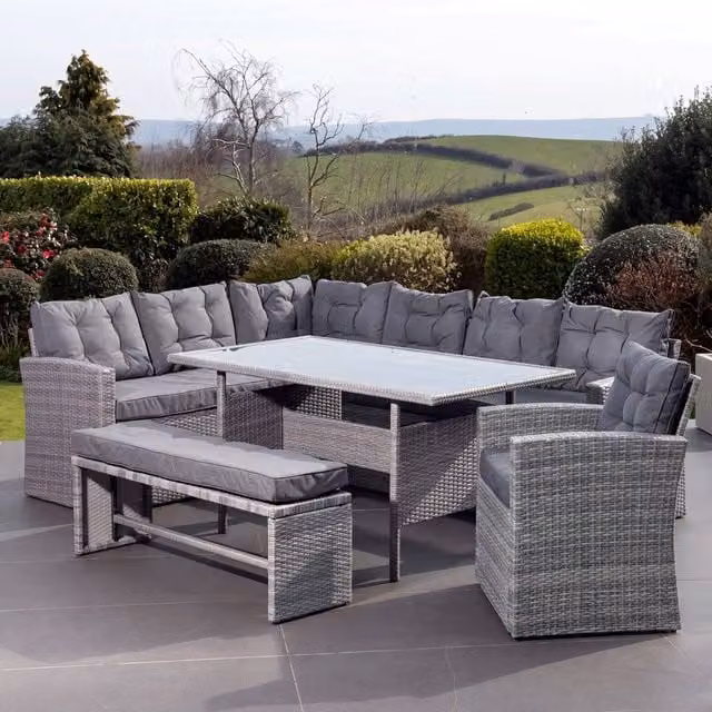Artemis Home Piana 10 Seat Rattan Corner Sofa Set with Table, Bench and Chair in Grey