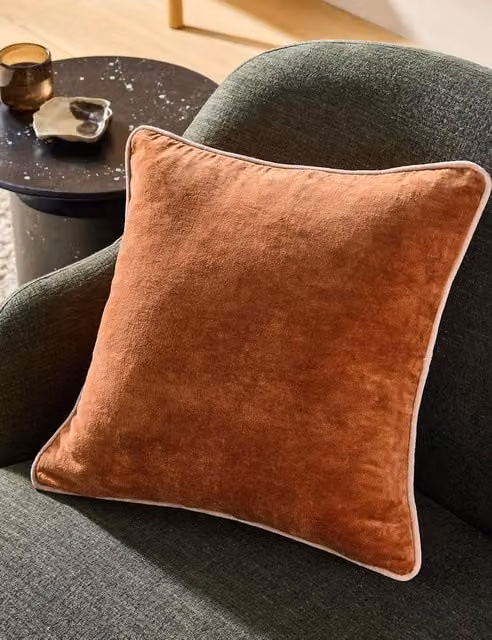 MADE Bailey Brushed Cotton Velvet Piped Cushion in Natural Mix (Beige, Orange and Multicolour)
