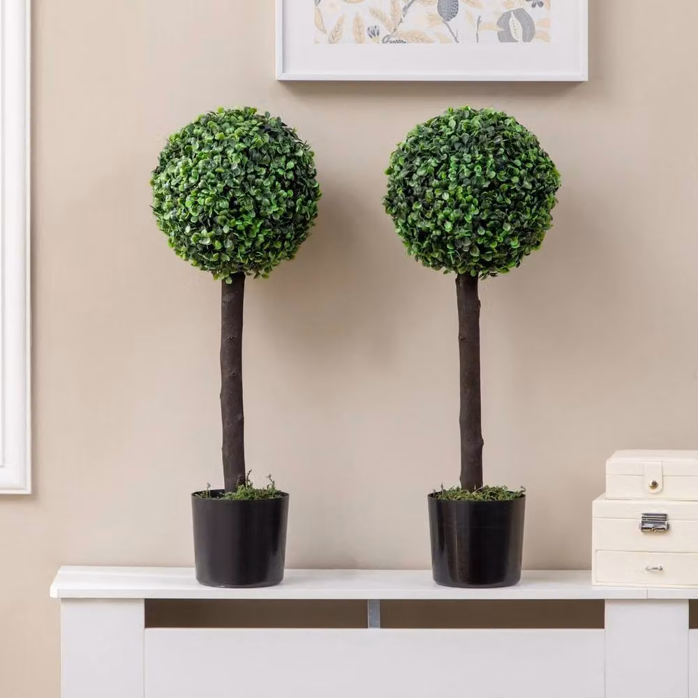 VOGREX Set of 2 Green Artificial Round Boxwood Ball Trees for Indoor or Outdoor Use, Diameter: 60 cm – 4