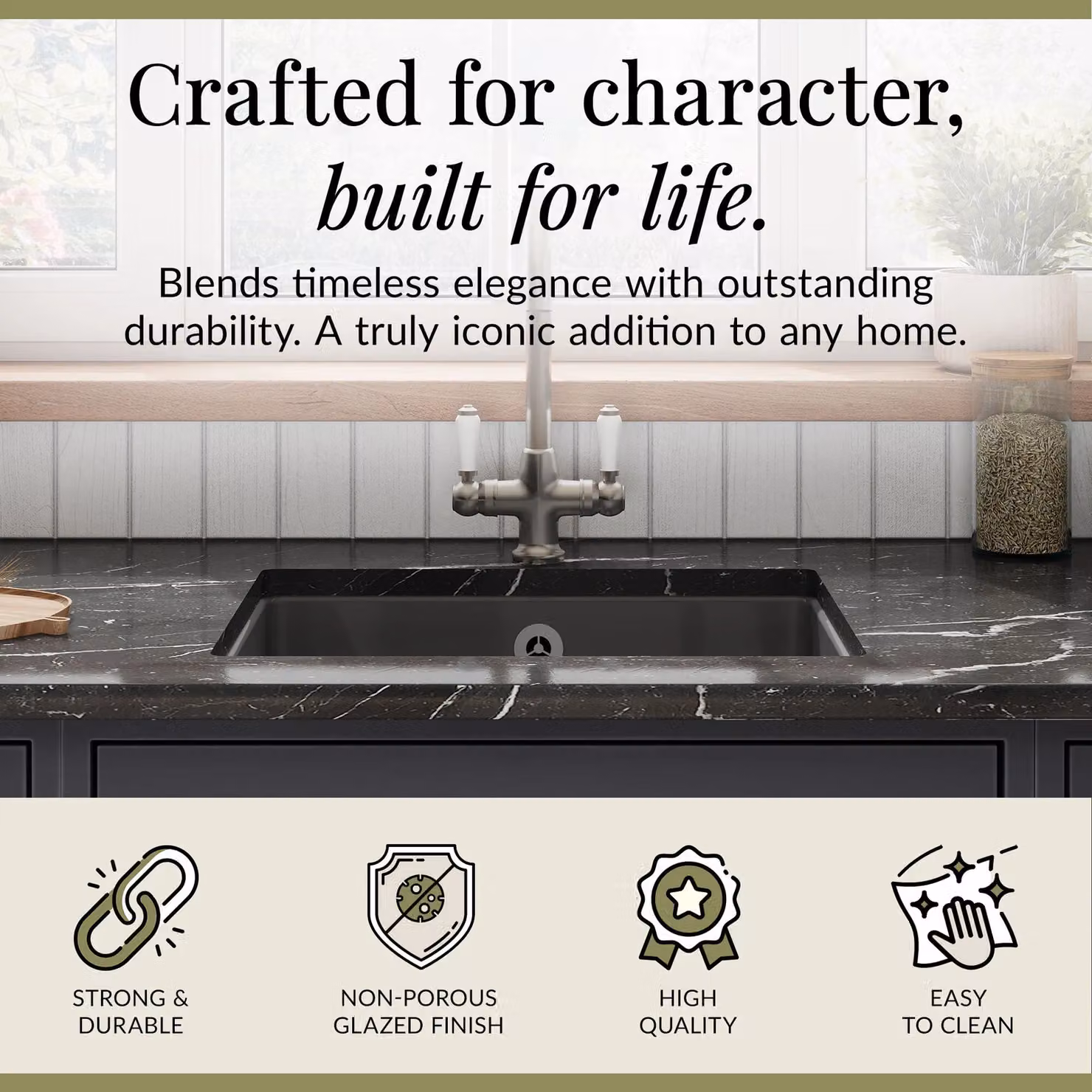 Balterley Ceramic Single Bowl Undermount Kitchen Sink, Dark Grey, W: 54.8 cm, D: 44.2 cm, H: 19.7 cm – 2