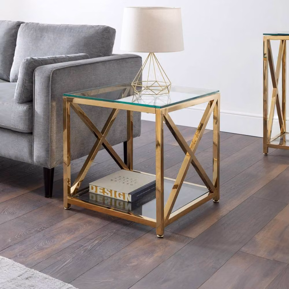 Cheshire Monaco Square Glass and Gold Metal Lamp Table – 2