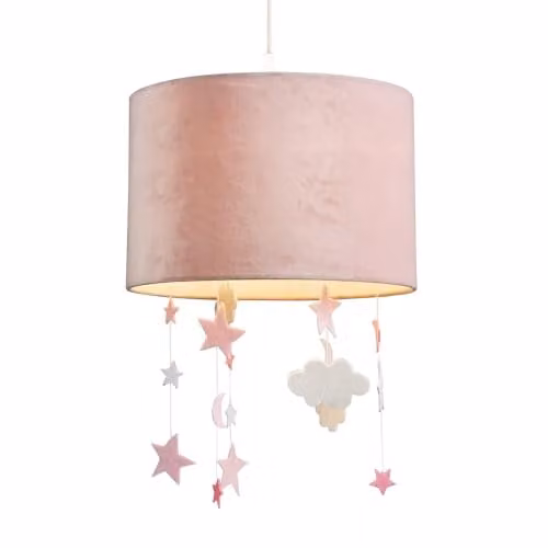 Happy Homewares Pink and White Velvet Cylinder Pendant Lamp Shade with Hanging Felt Stars and Clouds, Diameter: 30 cm