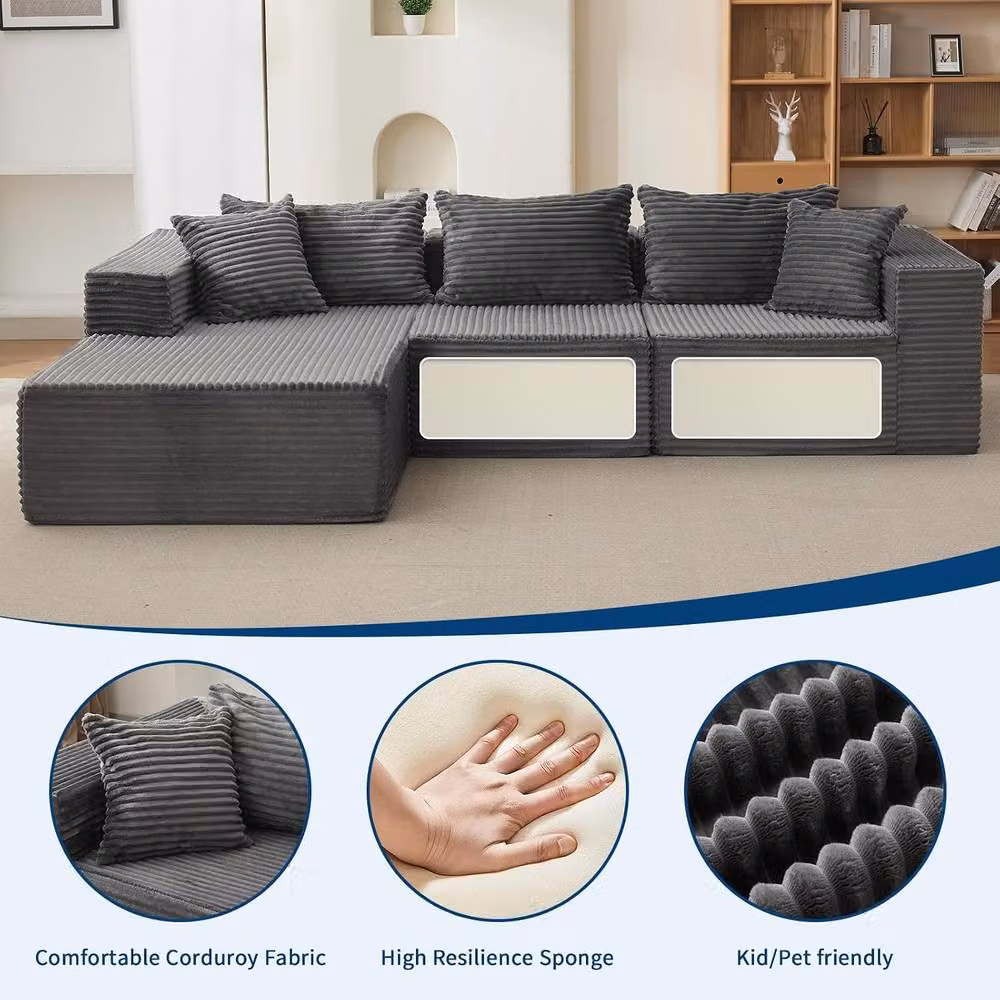 London Boutique L-Shaped Reversible Corduroy Sectional Sofa in Dark Grey – 5