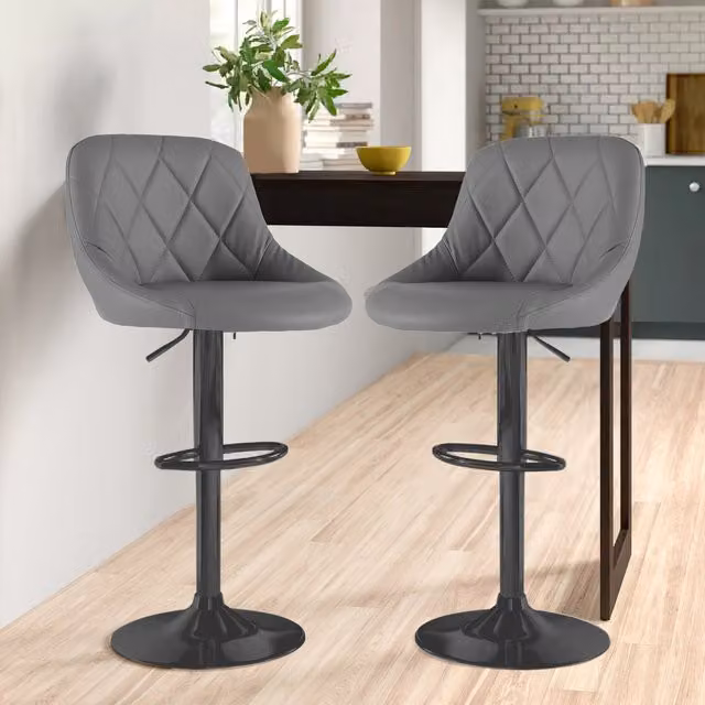 Neo Set of 2 Madrid Swivel Barstools in Grey and Black Synthetic Leather with Matt Metal Geometric Base