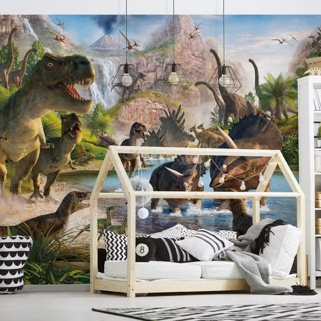 Walltastic Dinosaur Land Wall Mural in Multicolour and Yellow, W: 304.8 cm, H: 243.84 cm