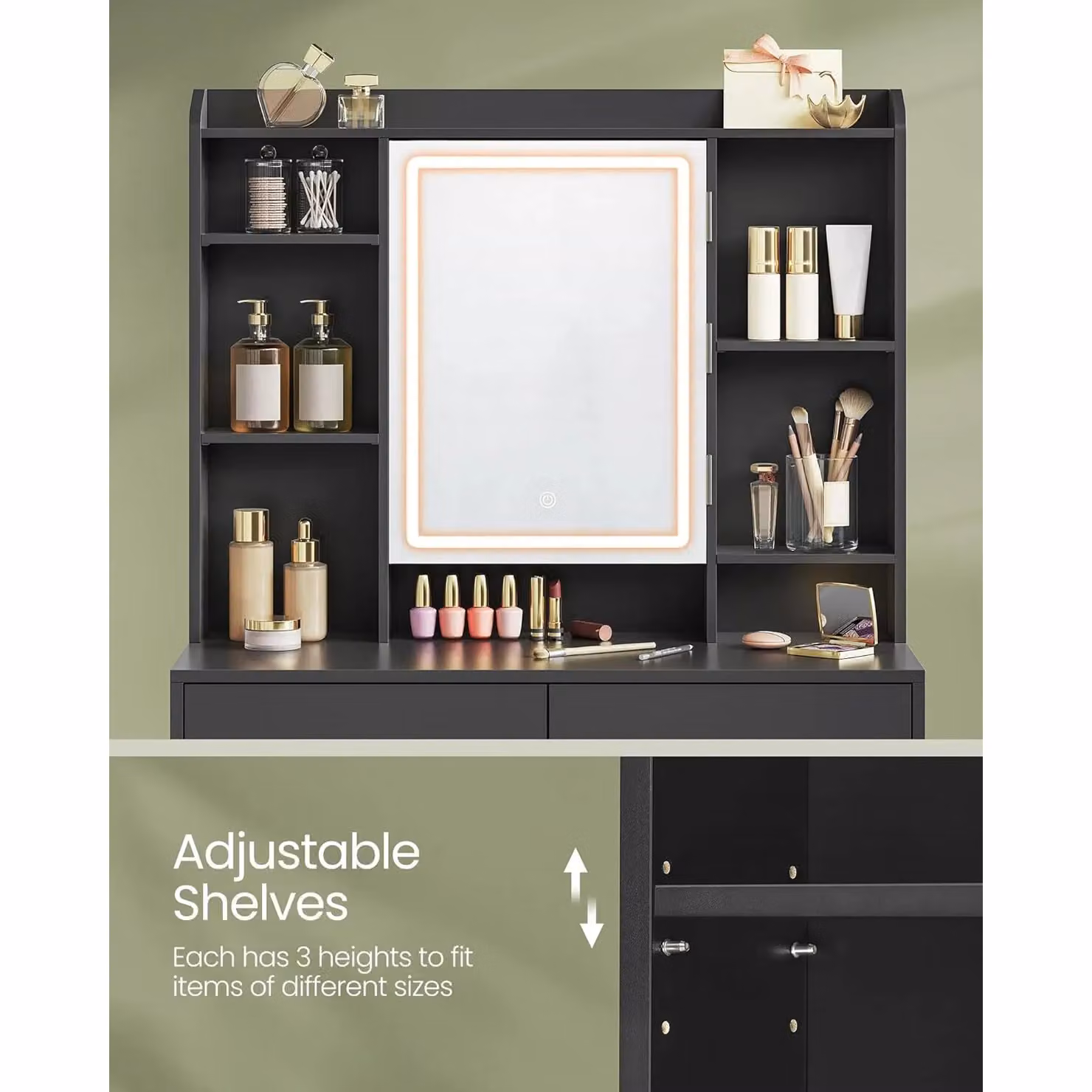 VASAGLE Hollywood LED Vanity Desk with Adjustable Brightness Mirror in Black – 3
