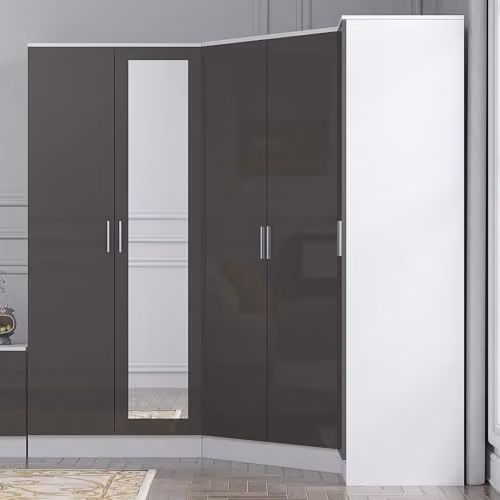 Reflect 3 Piece Wardrobe Bundle in Grey Gloss and Matt White, featuring a 2 Door Corner, 2 Door Mirrored and 1 Door Plain Wardrobe, H: 180 cm x W: 179 cm x D: 103 cm – 2