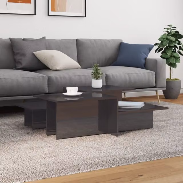 Berkfield Home Set of 2 Modern Grey High Gloss Coffee Tables with Nested Tops