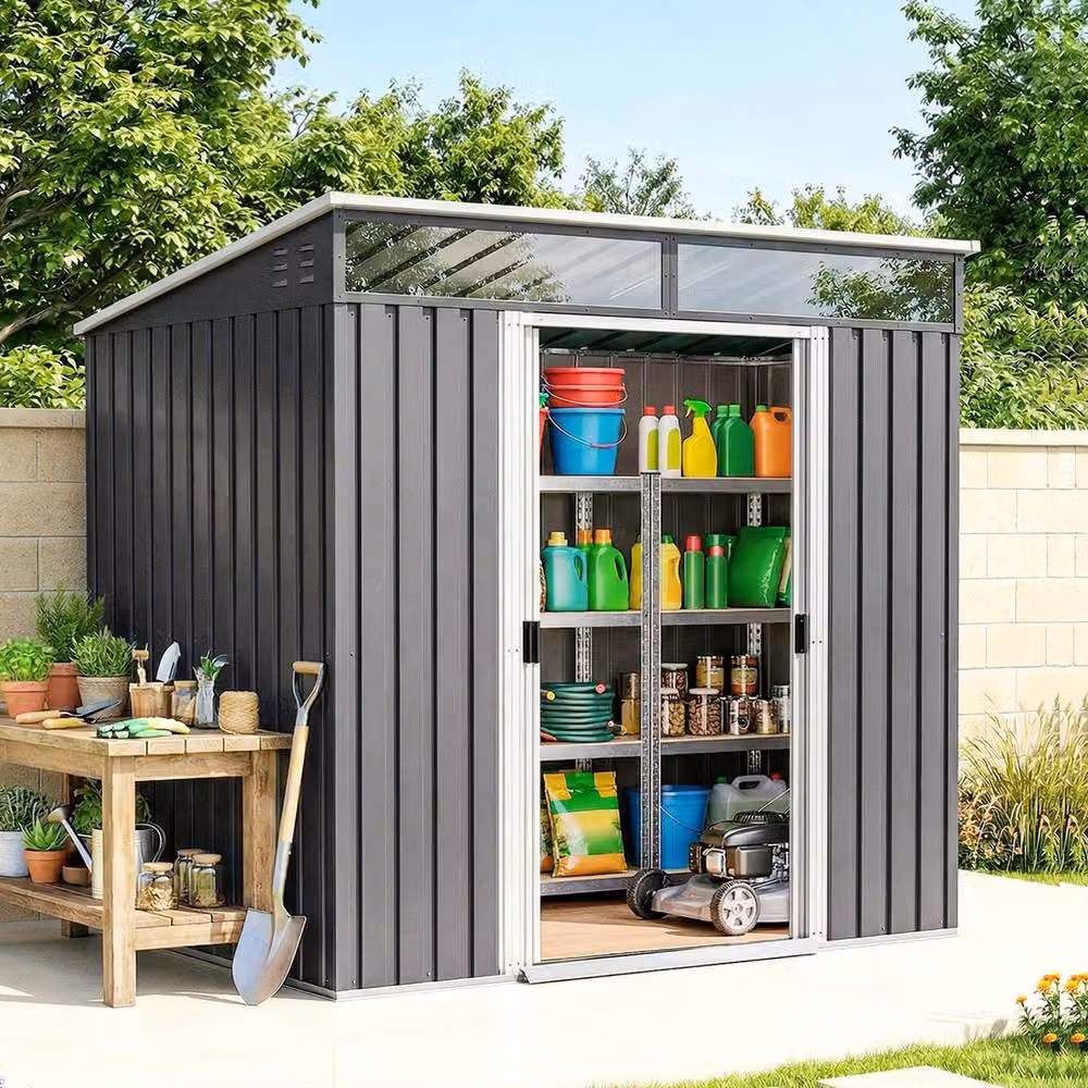 Rolipo Grey Galvanised Metal Pent Shed with Sliding Doors and Side Vents, W/D/H: 198.12 x 121.92 x 181.5 cm – 4