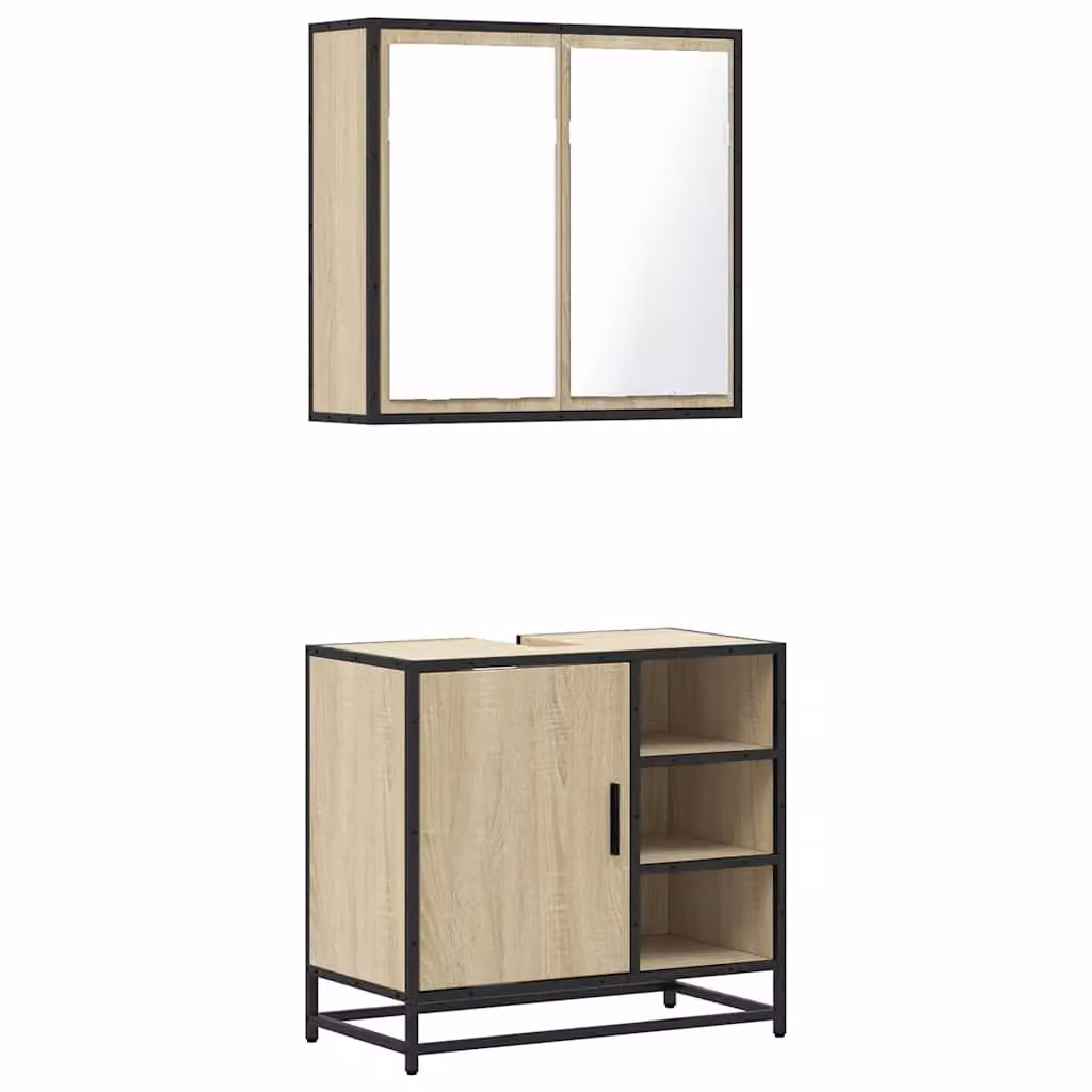 Berkfield Home 2 Piece Industrial Bathroom Furniture Set in Brown Sonoma Oak with Vanity Unit and Mirror Cabinet – 2