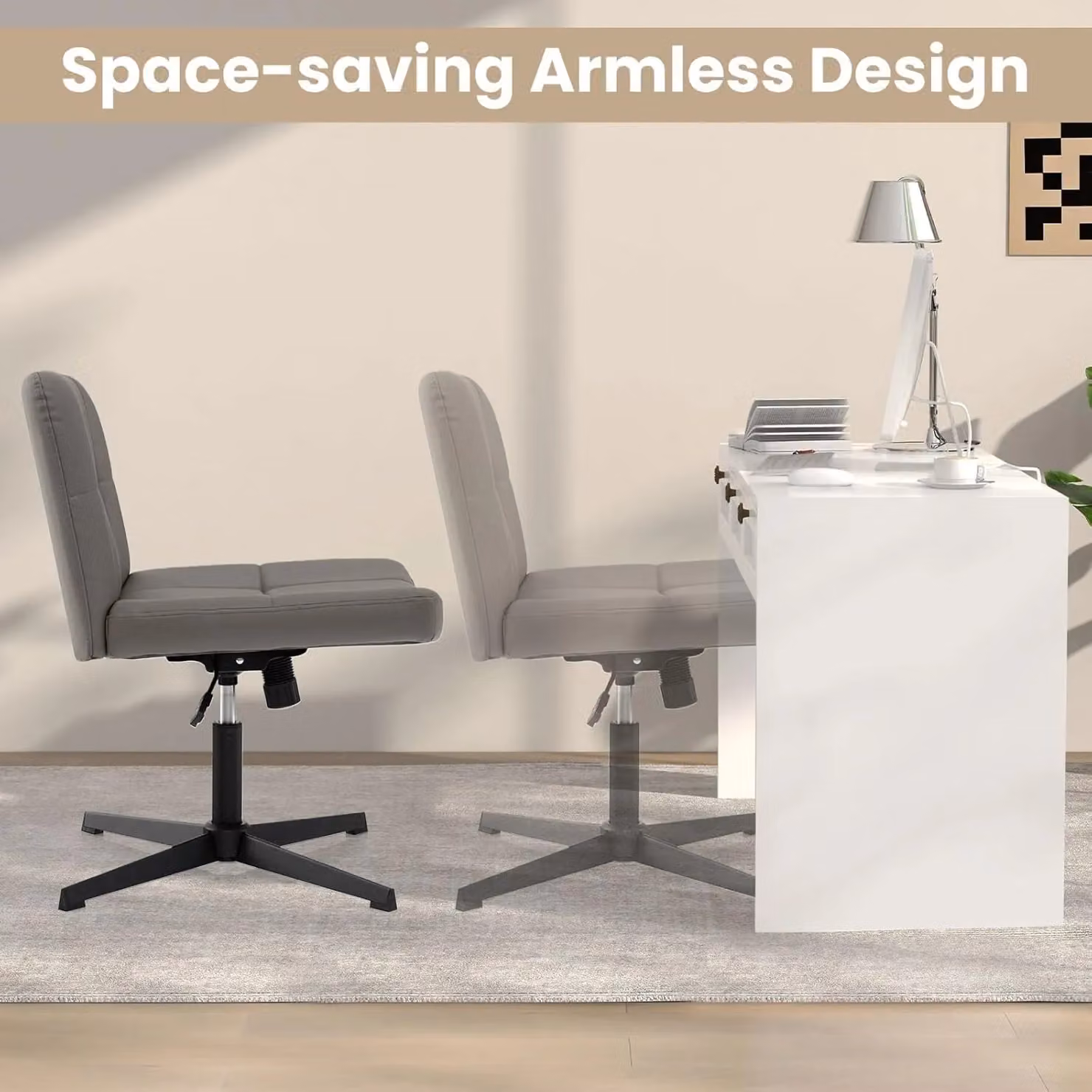 Gymax Grey Upholstered Swivel Office Chair with Adjustable Height and Synthetic Leather Finish – 2