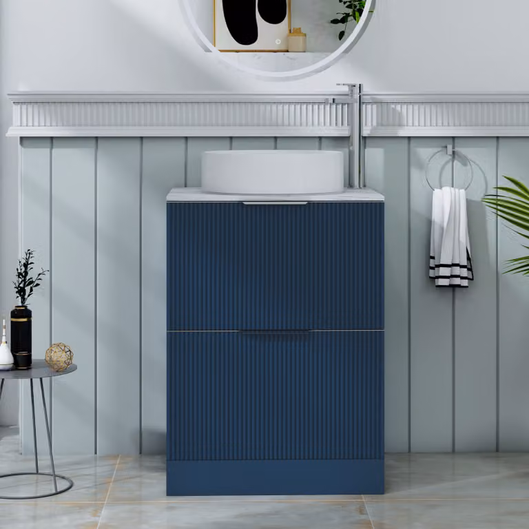 Royal Bathrooms Evora Midnight Blue Fluted Floor Standing Countertop Vanity Unit with 2 Drawers and Art Basin, Width: 60 cm
