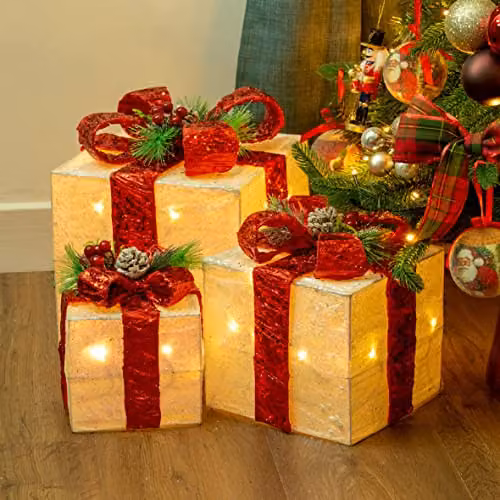 The Christmas Workshop Set of 3 Light-Up Christmas Boxes with Red Bow, White and Red, featuring 65 Warm White LED Lights and Timer Functionality – 6