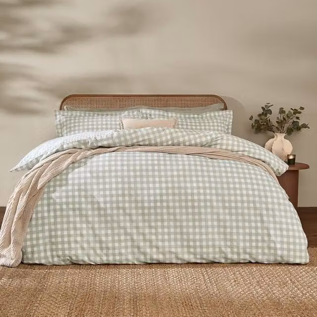 Yard Barton Reversible Gingham Check 100% Cotton Duvet Cover and Pillowcase Set in Green, W/D/H: 200 x 220 cm and 140 x 200 cm