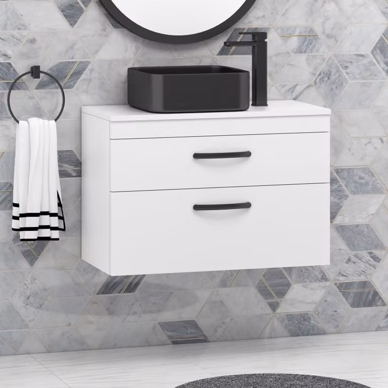 Royal Bathrooms 800mm Wall Hung Gloss White 2 Drawer Vanity Unit with Art Square Countertop Basin