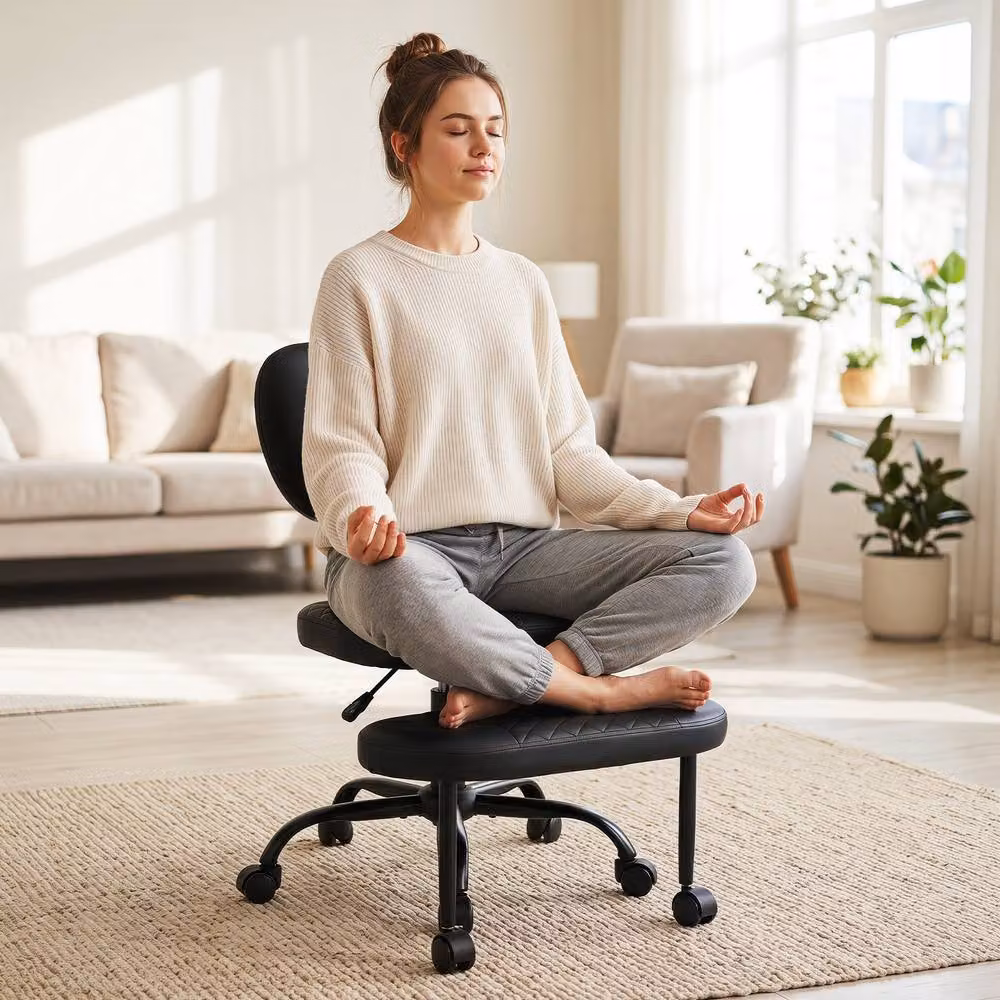 Costway Ergonomic Cross Legged Office Chair in Black Synthetic Leather with Castors – 3