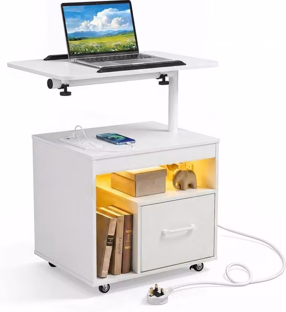 Costway Modern White Nightstand with LED Lights, Charging Station and Drawer
