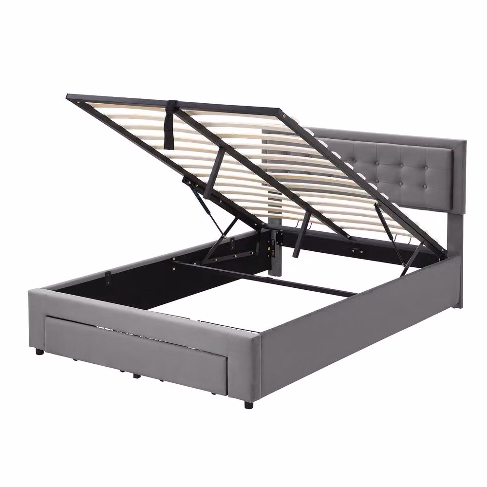 Rolipo Grey Velvet Double Bed 4ft6 Ottoman Storage Bed Frame with Headboard – 3