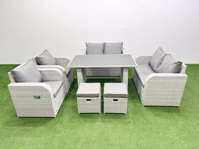 Fimous 7 Piece Modern Rattan Garden Furniture Set with Cushions in Light Grey and Black