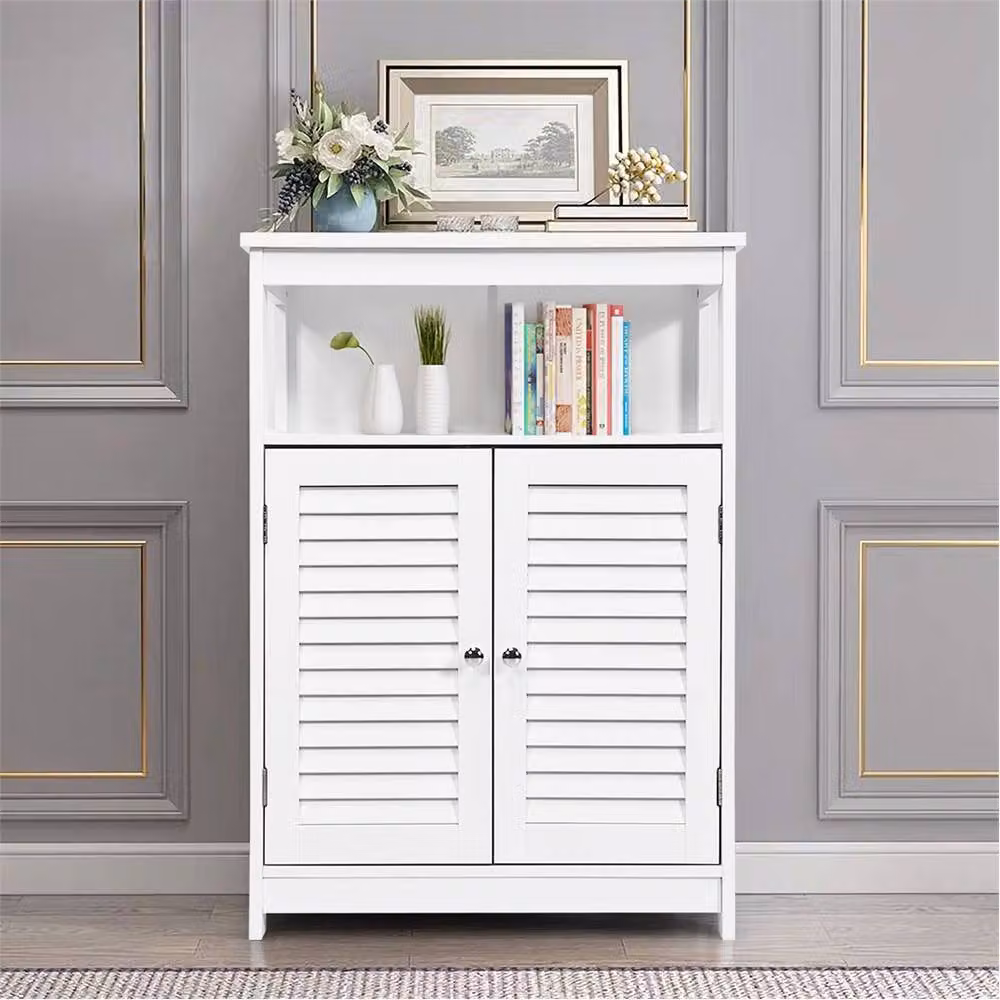Kelvenix Modern White Wooden Freestanding Bathroom Floor Cabinet with Internal Shelves and Open Shelf Doors – 2