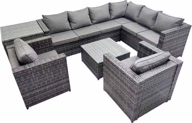 Fimous Outdoor 8-Seat L-Shaped Rattan Garden Sofa Set with Coffee Table in Dark Grey