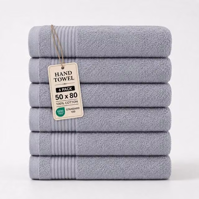 Grace Premium Cotton 500 GSM Hand Towels, Pack of 6, Grey