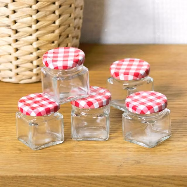 GEEZY Pack of 5 Mini Glass Storage Jars with Leakproof Screw Top Lids in Transparent, Red and White