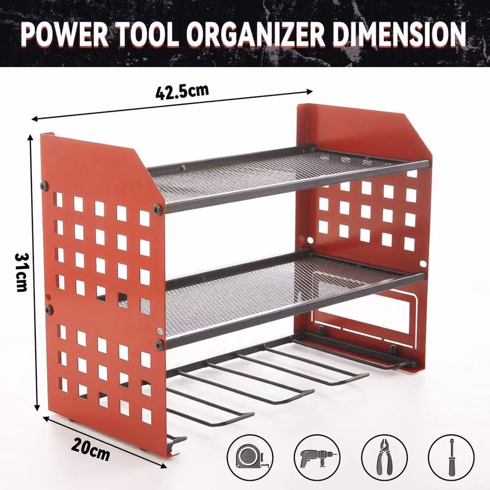 VOGREX Red 3-Tier Heavy Duty Steel Wall Mounted Power Tool Storage Organizer W/D/H: 42.5 x 31.0 x 20.0 cm – 2