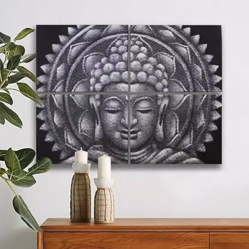 KDMD Set of 4 Grey Buddha Mandala Brocade Detail Hanging Wall Art, W: 30 cm, H: 40 cm – 2