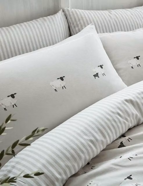 Sophie Allport 2 Pack Grey Mix Sheep Print Brushed Cotton Flannelette Pillowcases